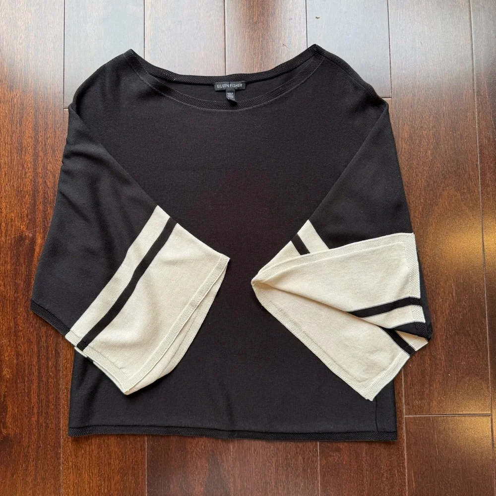 Eileen Fisher Black & Cream Drape Cardigan - Picture 3 of 9